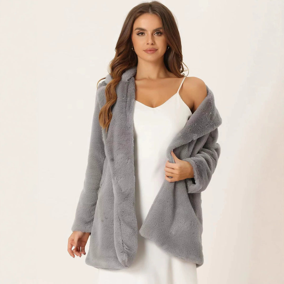 Damen Midilanger Kunstpelz‑Mantel mit softem Schalkragen und Eingrifftaschen Nord Taschen