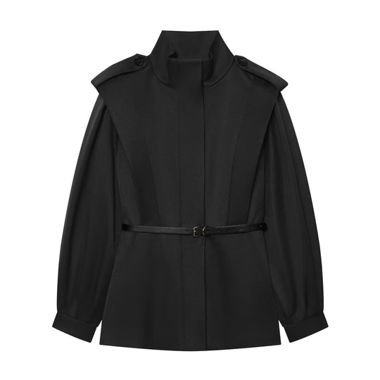 Damen Kurzer Cape‑Trench mit hohem Funnelkragen und Taillengürtel Nord Taschen