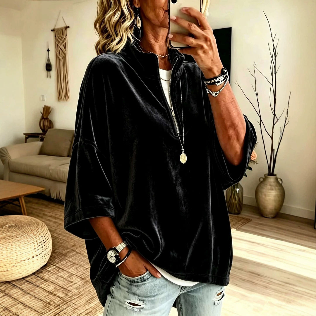 Damen Oversize Samt-Pullover mit kurzem Reißverschluss und Stehkragen Nord Taschen