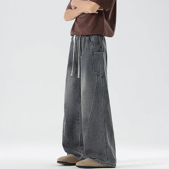 Herren Extraweite Denim-Baggyhose mit Tunnelzugbund und Paneelnähten Nord Taschen