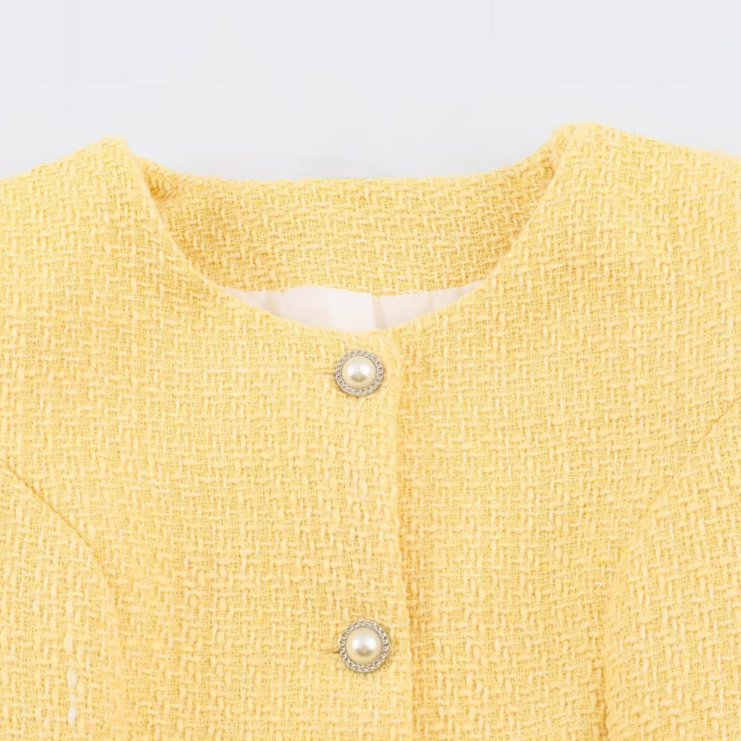 Damen Kurzjacke im Bouclé‑Tweed‑Stil mit Perlenknöpfen und Taillengürtel Nord Taschen