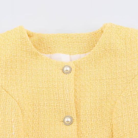 Damen Kurzjacke im Bouclé‑Tweed‑Stil mit Perlenknöpfen und Taillengürtel Nord Taschen