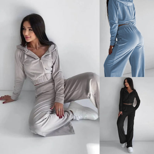 Damen Cropped Velours-Loungewear-Set mit Reißverschluss, Kapuze und High-Waist Jogpant Nord Taschen