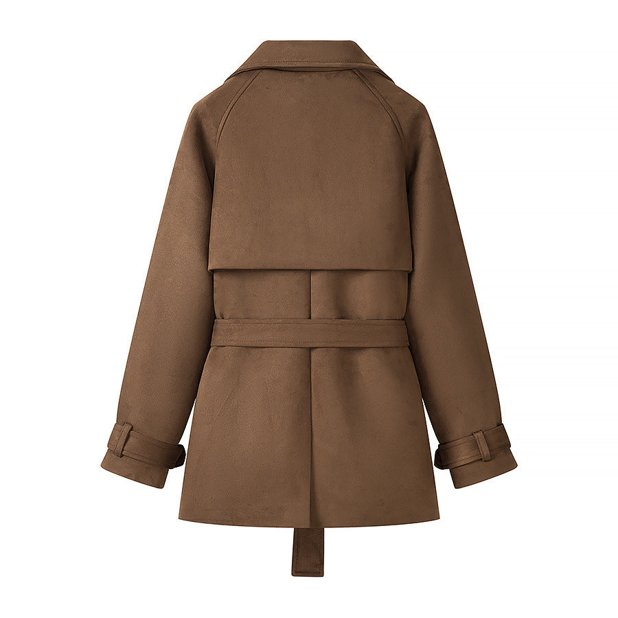 Damen Kurz-Trenchcoat in Wolloptik Doppelreiher mit Taillengürtel Nord Taschen