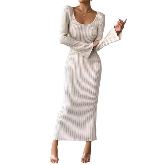 Damen geripptes Midaxi-Kleid mit U-Ausschnitt, figurbetonter Stretch-Silhouette und ausgestellten Ärmeln Nord Taschen