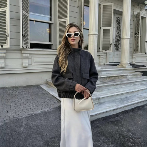 Damen Wollmix-Blousonjacke mit Stehkragen, großen Klappentaschen und elastischem Saum Nord Taschen