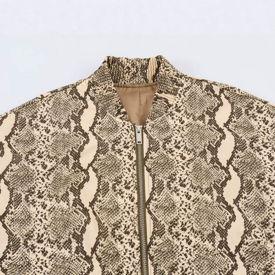 Damen Leichte Schlangenprint-Bomberjacke mit Stehkragen, Reißverschluss und gerafften Bündchen Nord Taschen