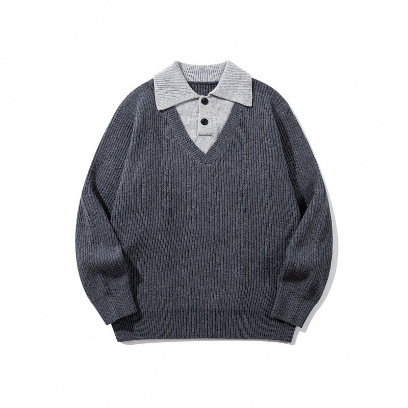 Unisex Grobstrick-Kastenpullover mit V-Ausschnitt und kontrastierendem Polo-Knopfkragen Nord Taschen