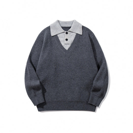 Unisex Grobstrick-Kastenpullover mit V-Ausschnitt und kontrastierendem Polo-Knopfkragen Nord Taschen