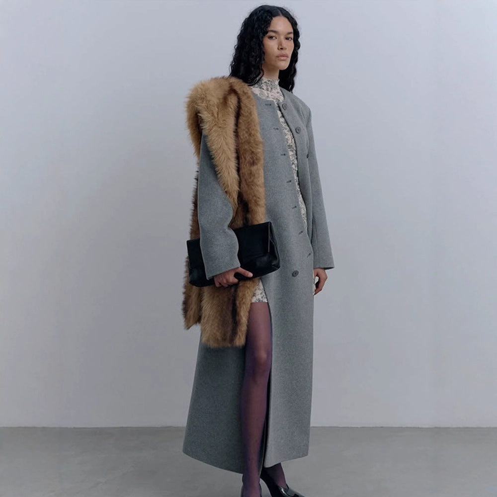 Damen Langer taillierter Wollmix-Mantel mit Rundhalsausschnitt und asymmetrischer Knopfleiste Nord Taschen