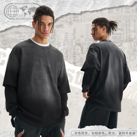 Herren Layered-Langarmshirt mit doppellagigen Ärmeln, verwaschener Vintage-Waschung und dezenten Ausfransungen Nord Taschen
