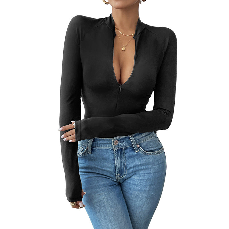 Damen Tailliertes Langarmshirt mit kurzem Reißverschluss und Stehkragen Nord Taschen