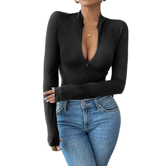 Damen Tailliertes Langarmshirt mit kurzem Reißverschluss und Stehkragen Nord Taschen