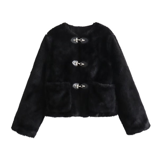 Damen Kurz geschnittene Teddyjacke mit Knebelverschlüssen und aufgesetzten Taschen Nord Taschen