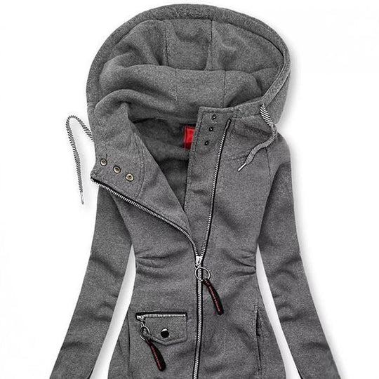 Damen Lange Kapuzenjacke mit asymmetrischem Reißverschluss und Zip‑Tasche Nord Taschen