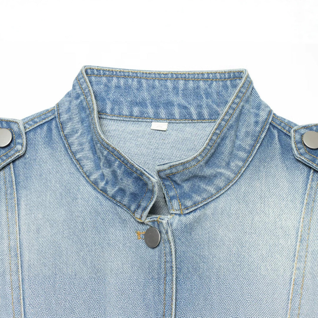 Damen Jeans-Kurzjacke im Utility-Stil mit Schulterklappen Nord Taschen