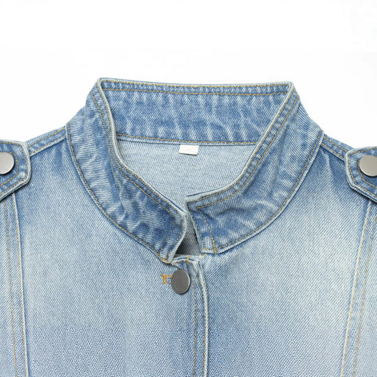 Damen Jeans-Kurzjacke im Utility-Stil mit Schulterklappen Nord Taschen