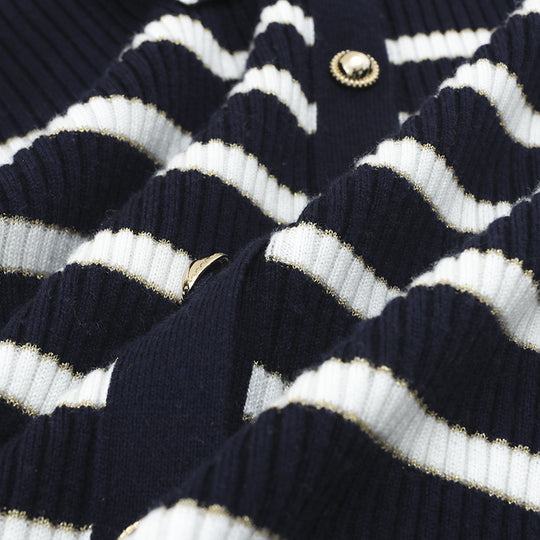 Damen Marin-inspiriertes Rippenstrick-Cardigan mit Polokragen und Zierknopfleiste Nord Taschen