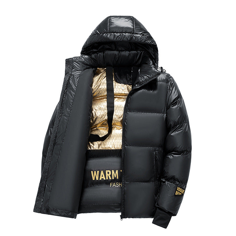 Herren Wattierte Steppjacke mit Kapuze, Thermo‑Isolierung & goldbedrucktem Innenfutter Nord Taschen