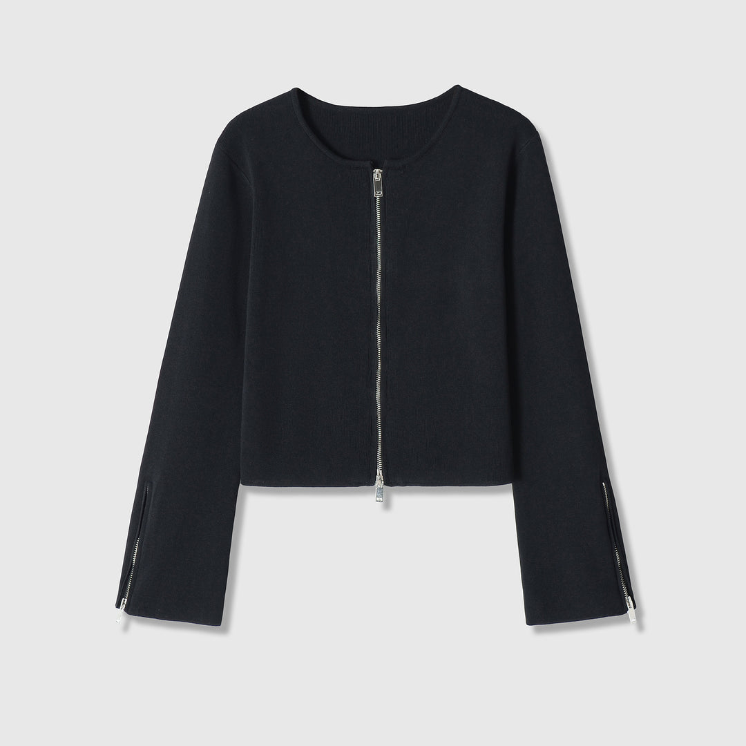 Damen Kurzgeschnittene Feinstrick-Jacke mit Zwei-Wege-Reißverschluss und Ärmelzipper Nord Taschen