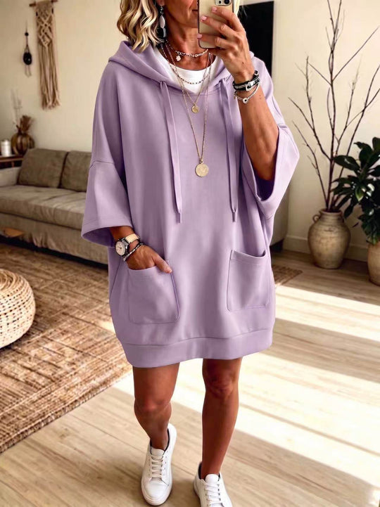 Damen Oversize Hoodie-Kleid mit Kängurutaschen und halblangen Ärmeln Nord Taschen