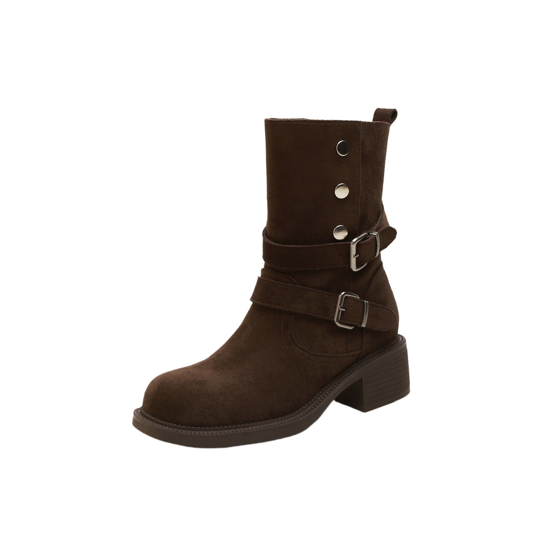 Damen Kurzschaft-Bikerboot aus Wildleder mit verstellbaren Schnallen und markantem Blockabsatz Nord Taschen