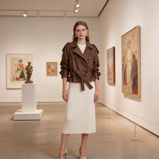 Damen Cropped Doppelreihiger Kunstleder-Trench mit Taillengürtel und Schulterpatten Nord Taschen