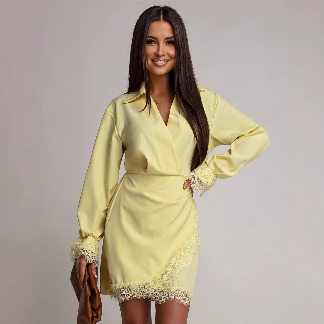 Damen Figurbetontes Wickel-Minikleid mit Spitzenbesatz und Hemdkragen Nord Taschen