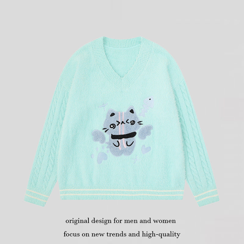 Damen V-Ausschnitt Strickpullover mit Zopfärmeln und Chenille-Katzenmotiv Nord Taschen