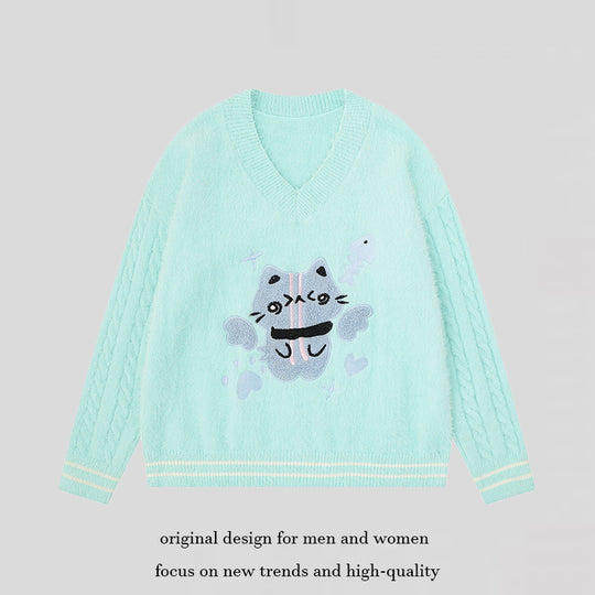 Damen V-Ausschnitt Strickpullover mit Zopfärmeln und Chenille-Katzenmotiv Nord Taschen