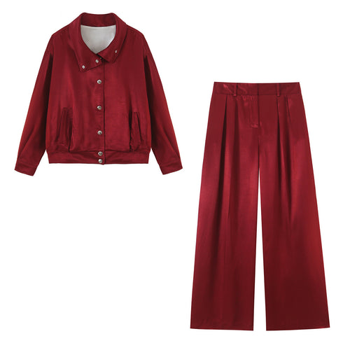 Damen Hochtaillierte Satin-Hose mit weitem Bein und Bundfalten Nord Taschen