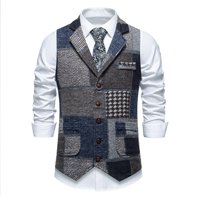 Herren Patchwork Weste mit Reverskragen Knopfleiste und aufgesetzten Taschen Nord Taschen