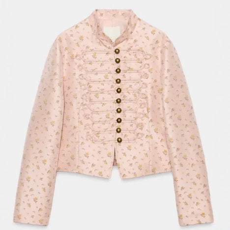 Damen Cropped Militärblouson mit Mandarinkragen, Zierkordeln und floraler Webstruktur Nord Taschen