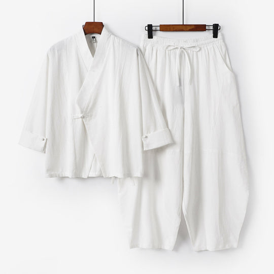 Herren Minimalistisches Kimono-Lounge-Set aus atmungsaktivem Baumwollmix mit ballonförmiger Bundhose Nord Taschen