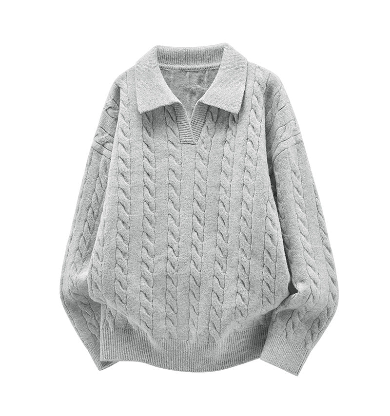 Damen Oversize Kabelstrick-Polo-Pullover mit V‑Ausschnitt und geripptem Saum Nord Taschen