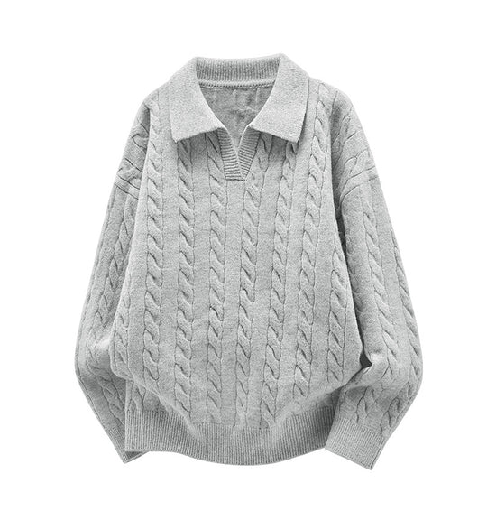 Damen Oversize Kabelstrick-Polo-Pullover mit V‑Ausschnitt und geripptem Saum Nord Taschen