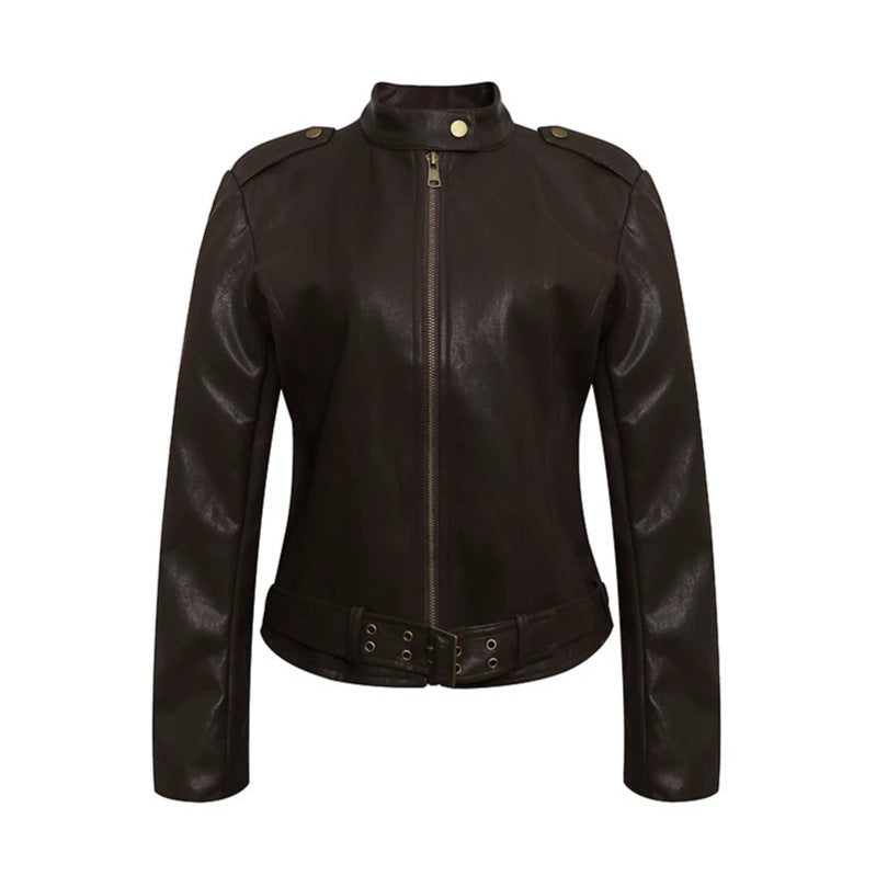 Damen Taillierte Lederoptik-Jacke mit Stehkragen, Schulterklappen und Taillengürtel Nord Taschen