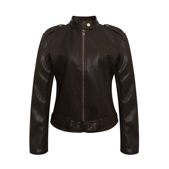 Damen Taillierte Lederoptik-Jacke mit Stehkragen, Schulterklappen und Taillengürtel Nord Taschen