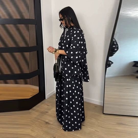 Damen Zweiteiliges Oversize-Blusen und Palazzo-Hosen Set mit Punktmuster Nord Taschen