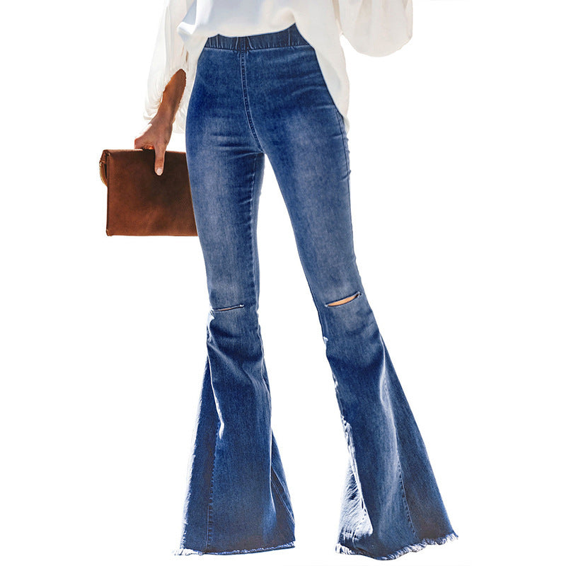 Damen hochtaillierte ausgestellte Denim-Hose mit elastischem Tunnelzugbund, Ziernähten und rohem Saum Nord Taschen