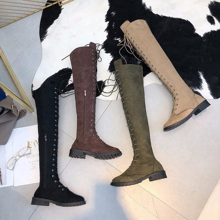 Damen Kniehohe Schnürstiefel mit durchgehender Schnürung aus Veloursimitat und rutschfester Profilsohle Nord Taschen