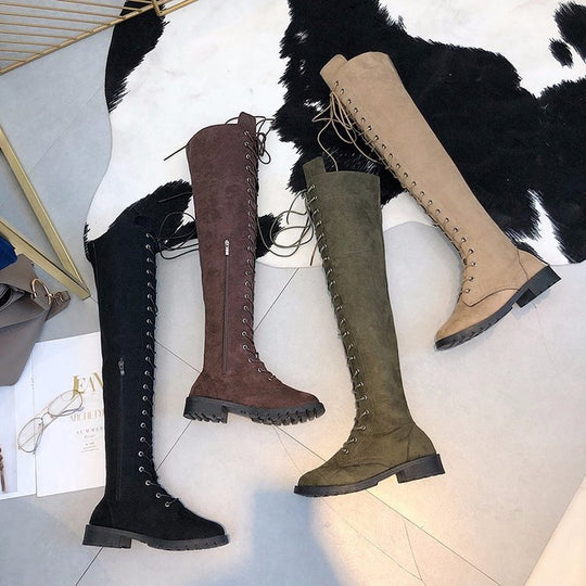 Damen Kniehohe Schnürstiefel mit durchgehender Schnürung aus Veloursimitat und rutschfester Profilsohle Nord Taschen