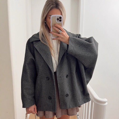 Damen Boxy-Wollmix-Cocoon-Jacke mit doppelreihiger Knopfleiste und weitem Revers Nord Taschen