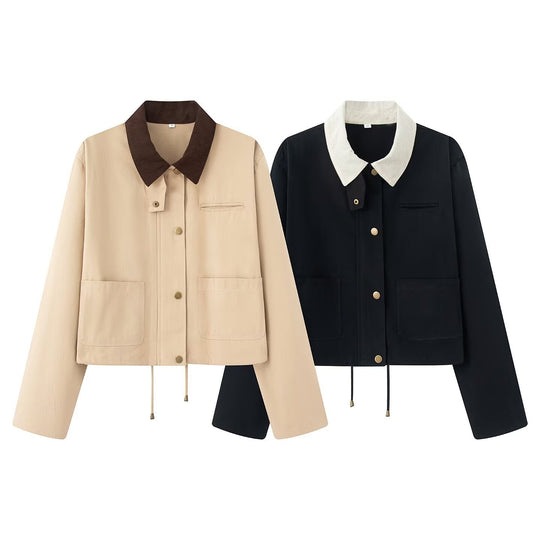 Damen Cropped Übergangsjacke im Workwear‑Look mit Cordkragen, Druckknopfleiste und Tunnelzug Nord Taschen
