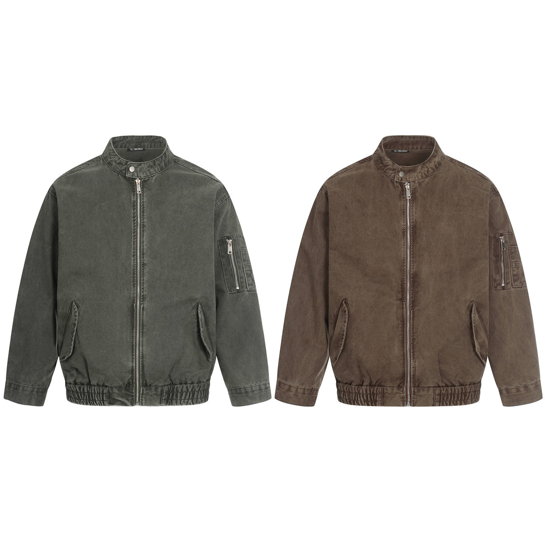 Herren kurz geschnittene Vintage‑Wasch Bomberjacke im Boxy‑Cut mit Stehkragen und Ärmel‑Reißverschluss Nord Taschen
