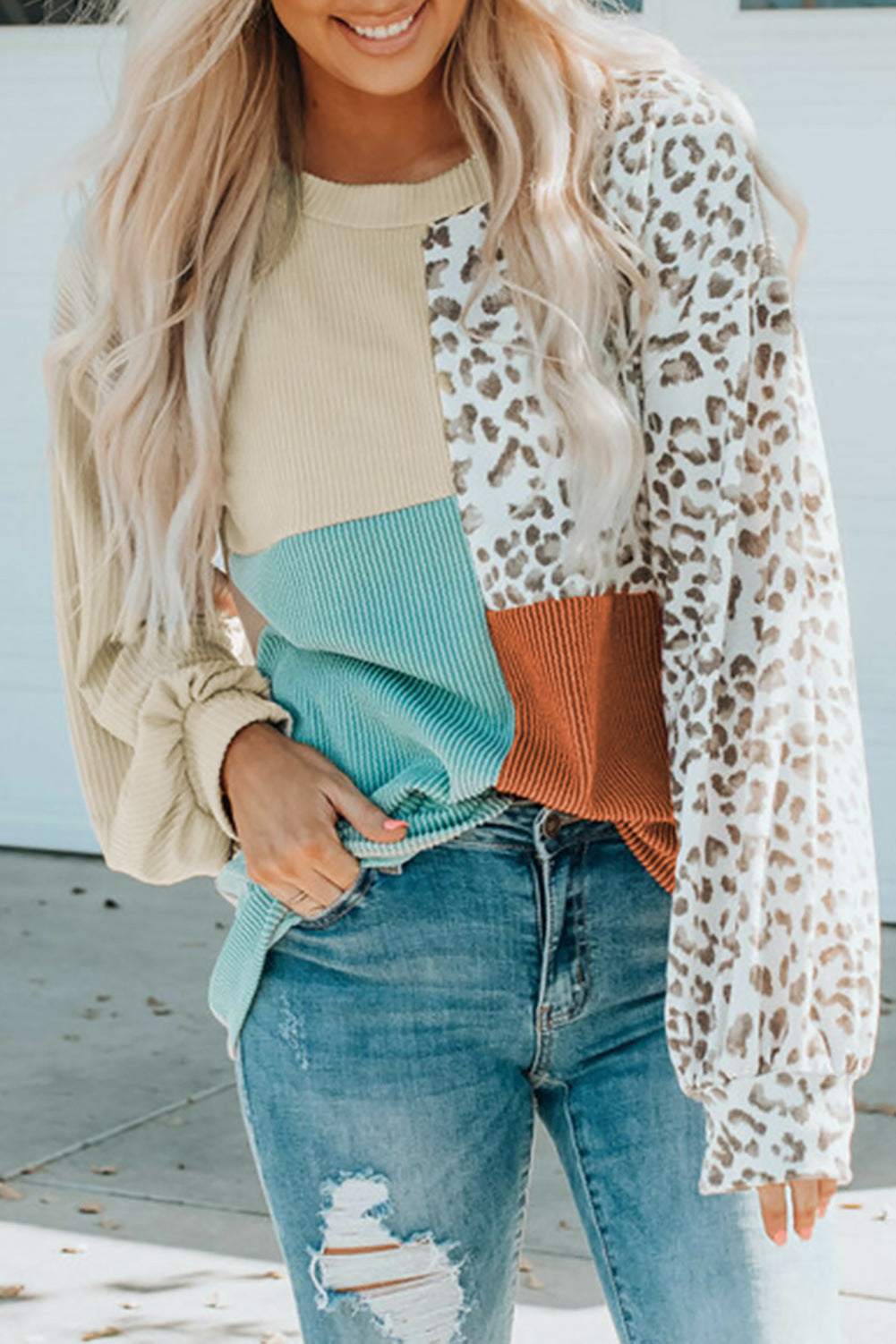 Damen Oversize-Patchwork-Pullover mit Animalprint und Strukturstrick Nord Taschen