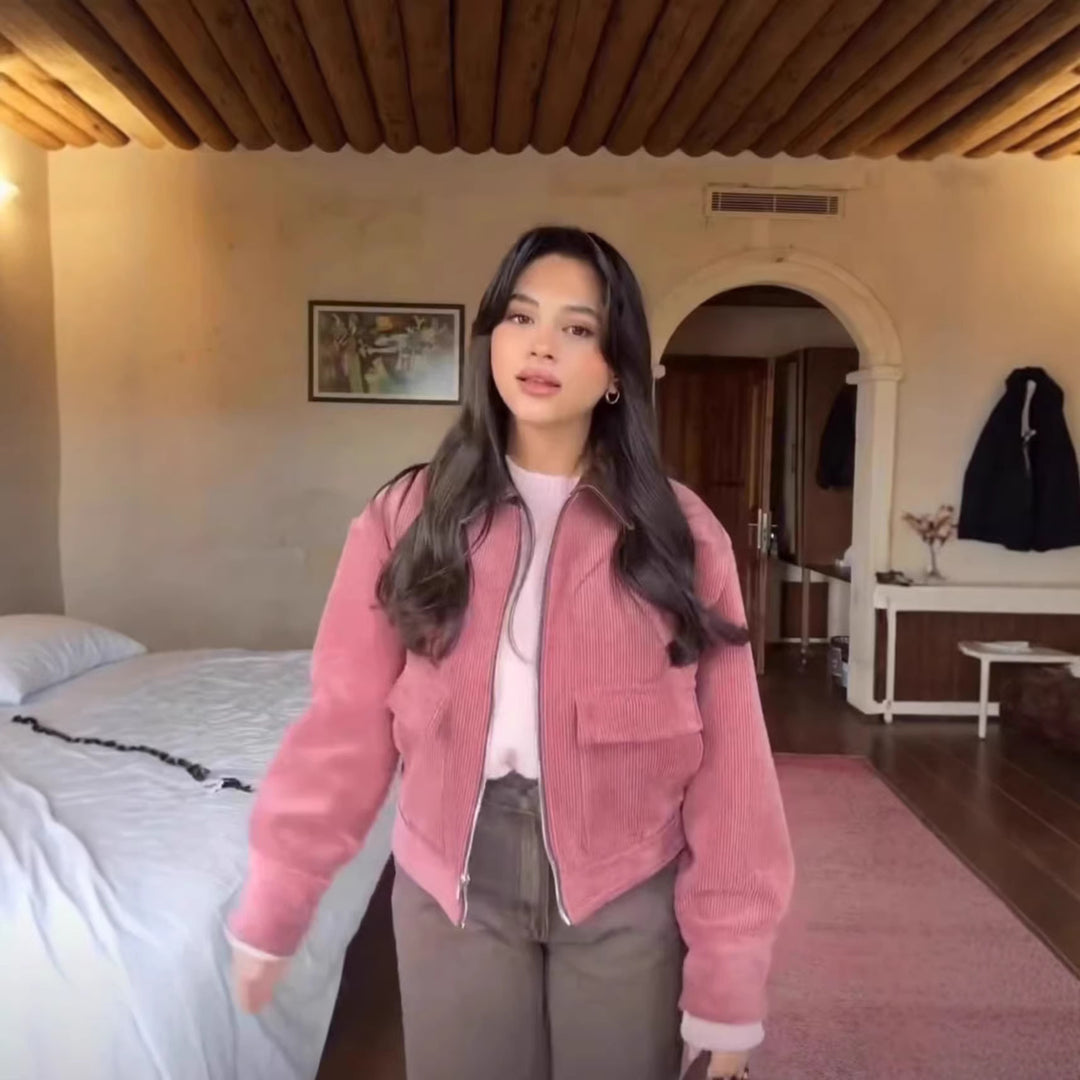 Damen Cordjacke mit Reißverschluss, Kunstlederkragen und aufgesetzten Taschen Nord Taschen