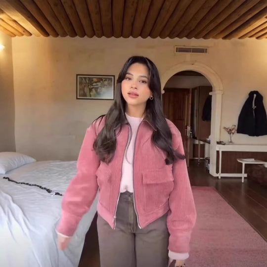 Damen Cordjacke mit Reißverschluss, Kunstlederkragen und aufgesetzten Taschen Nord Taschen