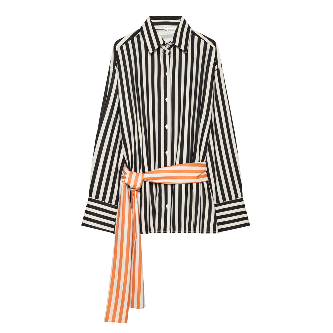Damen Oversize-Hemdbluse mit vertikalen Streifen und kontrastierendem Taillenband Nord Taschen