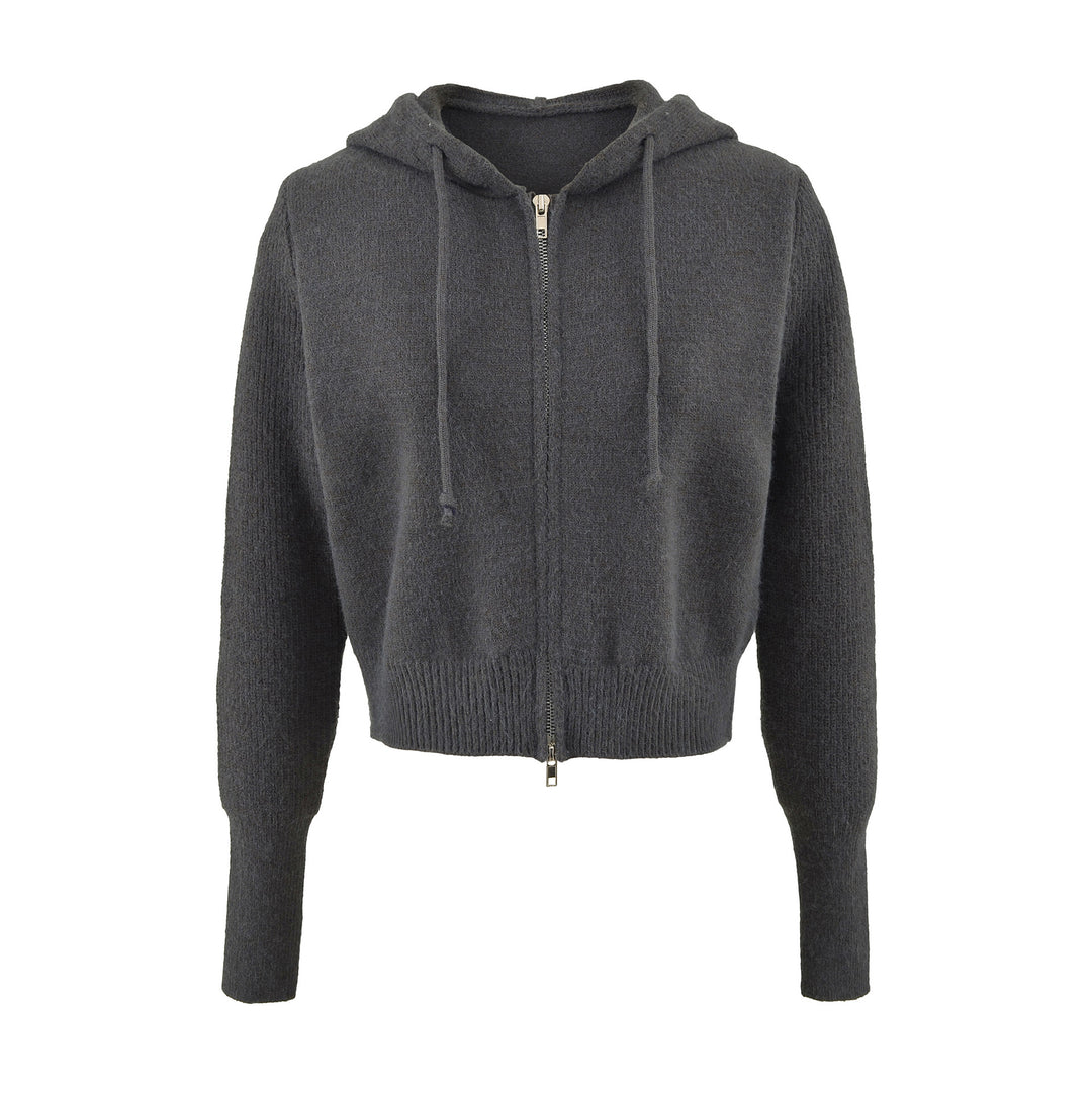 Damen Kurze Kapuzen-Strickjacke mit Reißverschluss und tailliertem Rippenbund Nord Taschen